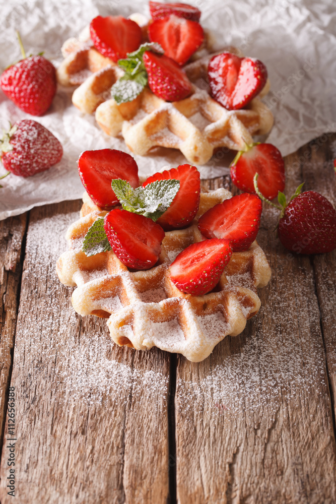 rustic waffles with strawberries, powdered sugar and mint closeup. vertical
