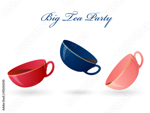 Three colorful cups. Big tea party. Vector illustration.