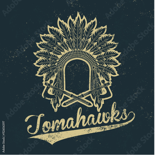 Vintage native american indian chief headdress old grunge effect tee print vector design illustration. Premium quality superior logo concept. T-shirt emblem