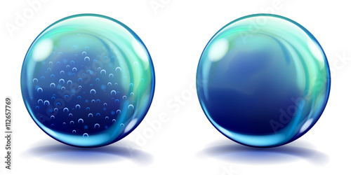 Two big blue glass spheres with air bubbles and without, and with glares and shadows. Transparency only in vector file