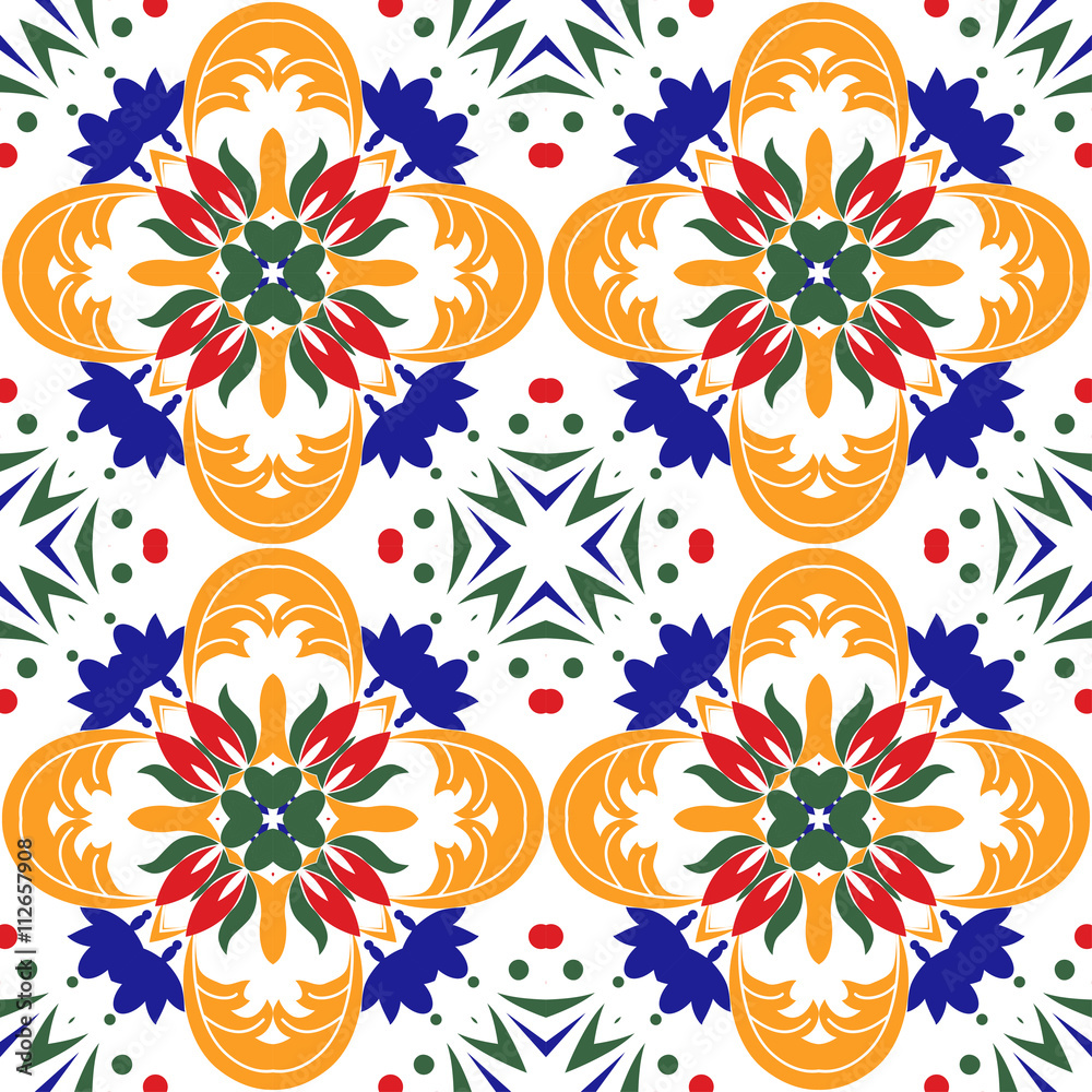 Fototapeta premium Mexican stylized talavera tiles seamless pattern. Background for design and fashion. Arabic, Indian patterns