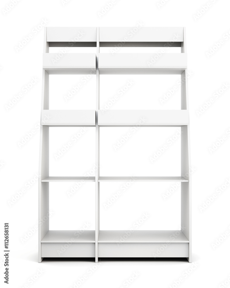 Display rack with shelves isolated on white background. Front view. 3d rendering. Display rack with shelves isolated on white background. Front view. 3d rendering.