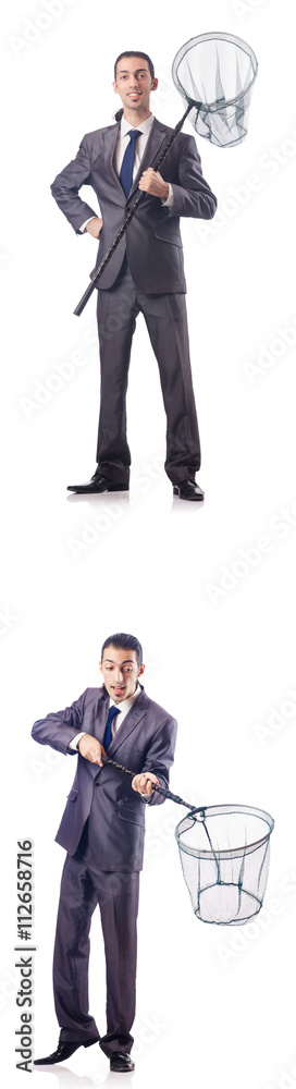 Colage of businessman with catching net on white Colage of businessman with catching net on white