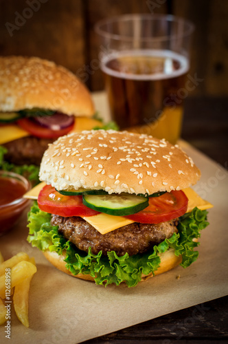 American Burger and a Glass of Beer