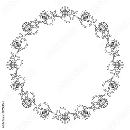 Round frame from various shells outline drawing for coloring.