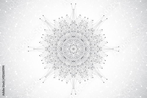 Geometric abstract mandala with connected line and dots. Graphic composition for medicine, science, technology, chemistry. Molecule, communication background. Vector illustration.