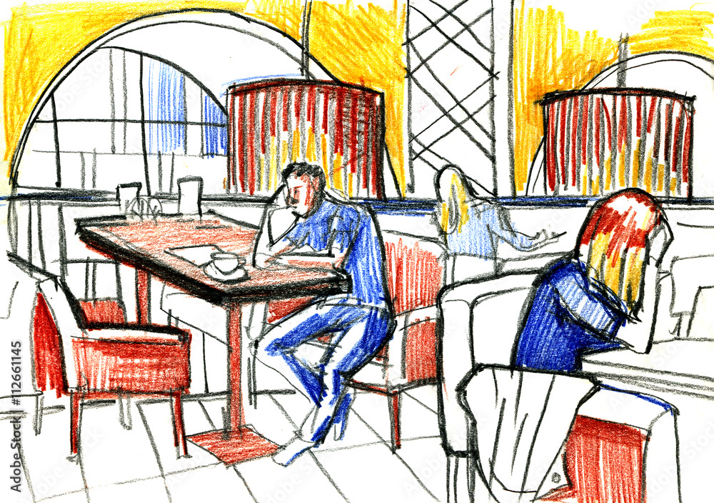 sketch of people sit in cafes interior