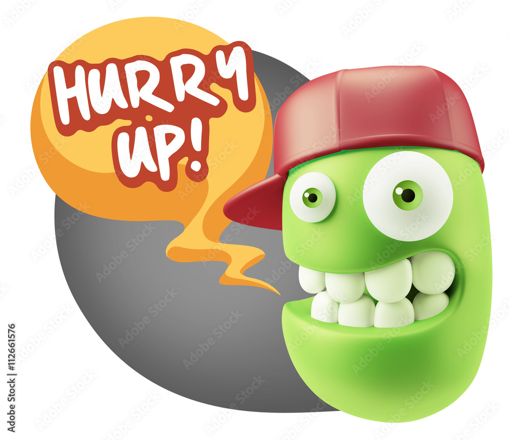 Naklejka premium 3d Rendering Smile Character Emoticon Expression saying Hurry Up