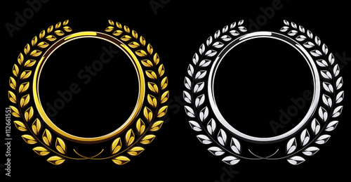 Detailed round silver and golden laurel wreath award set isolated on black background. Gold and platinum ring element. Victory, honor achievement, quality product, anniversary. Vector illustration