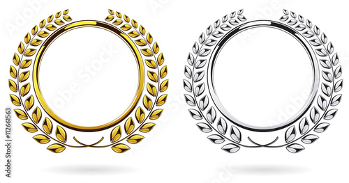 Detailed round silver and golden laurel wreath award set isolated on white background. Gold and platinum ring element. Victory, honor achievement, quality product, anniversary. Vector illustration