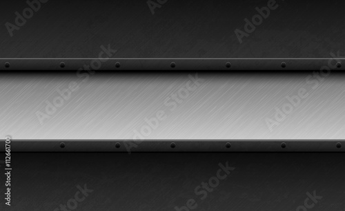 Dark grunge metal texture background with rivet. Vector scratched riveted surface and stainless steel line. Heavy industrial design.