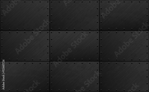 Dark grunge seamless metal plate texture with rivet. Vector scratched riveted iron surface background. Heavy armor industrial design.