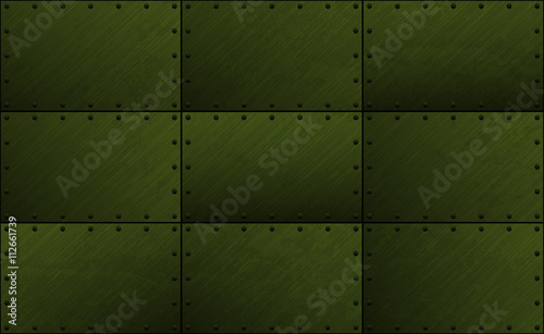 Green military grunge seamless metal plate texture with rivet. Vector scratched riveted iron surface army background. Heavy armor industrial design.