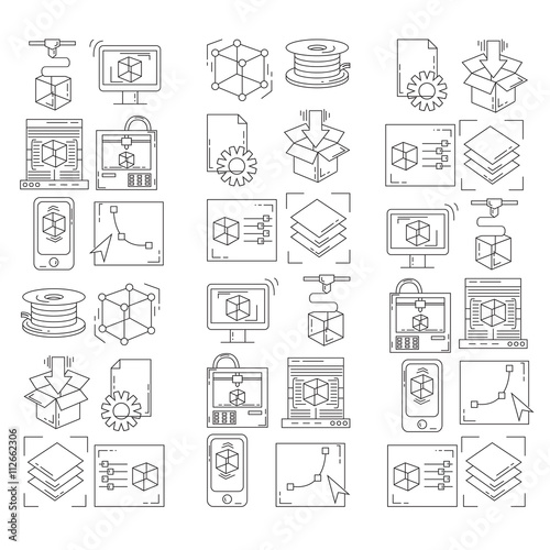 Vector doodle icons 3d printing