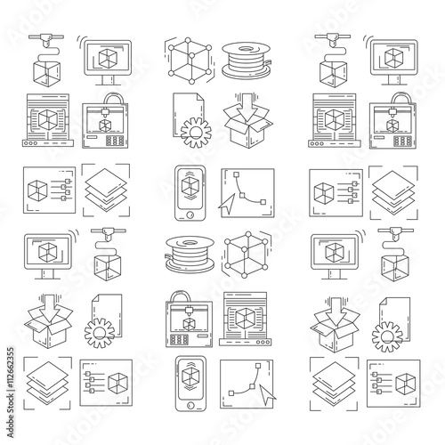 Vector doodle icons 3d printing