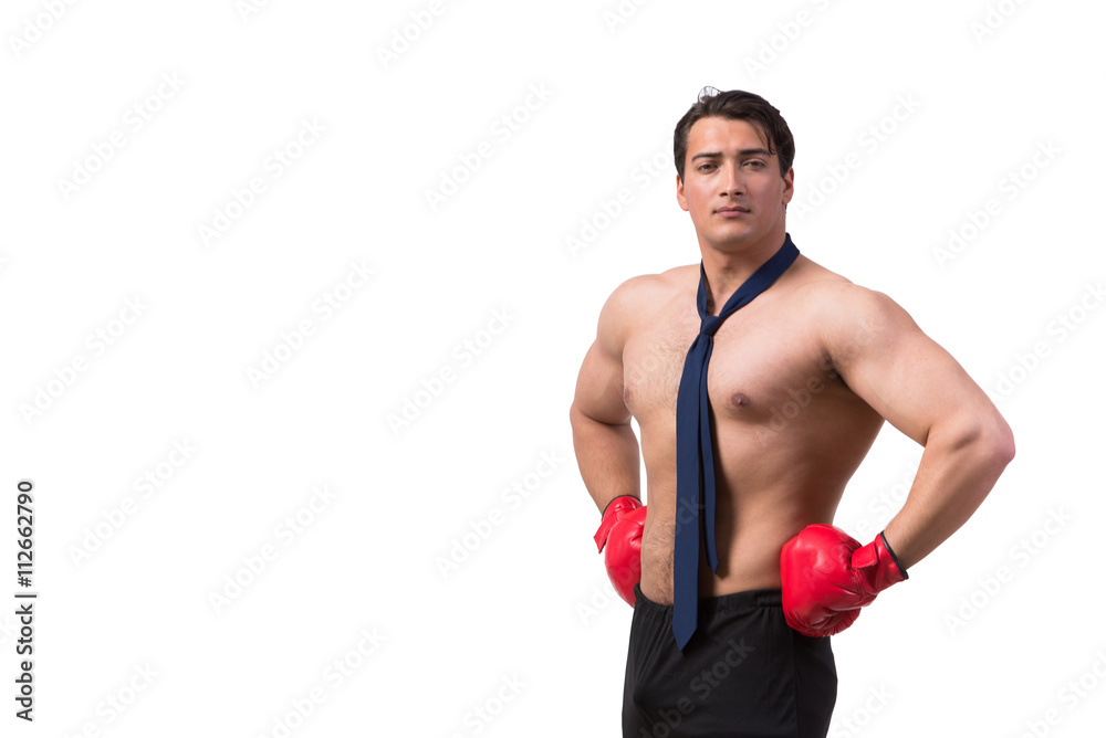 Ripped businessman with boxing gloves isolated on white Ripped businessman with boxing gloves isolated on white