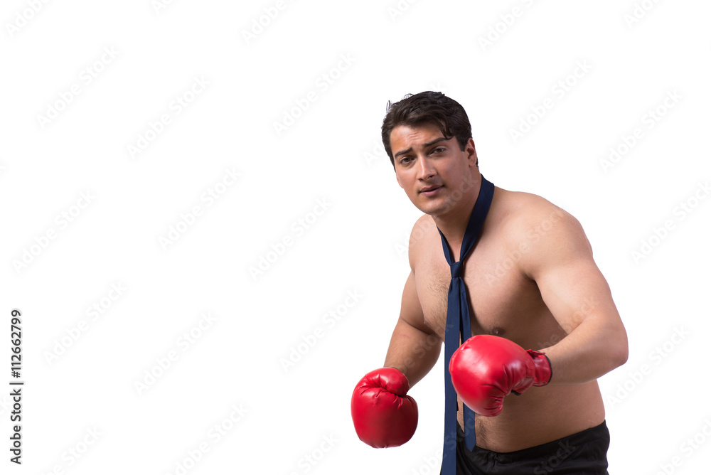 Ripped businessman with boxing gloves isolated on white Ripped businessman with boxing gloves isolated on white