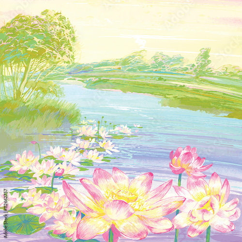 Lake with lotuses.