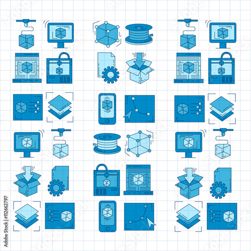 Vector doodle icons 3d printing