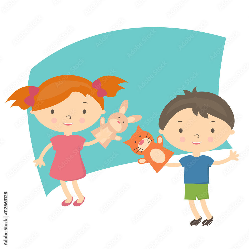 Illustration small kids with hand puppet toy. Vector Illustration small kids with hand puppet toy. Vector