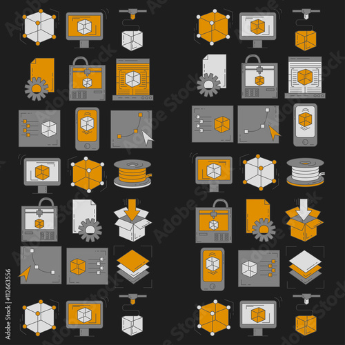 Vector doodle icons 3d printing
