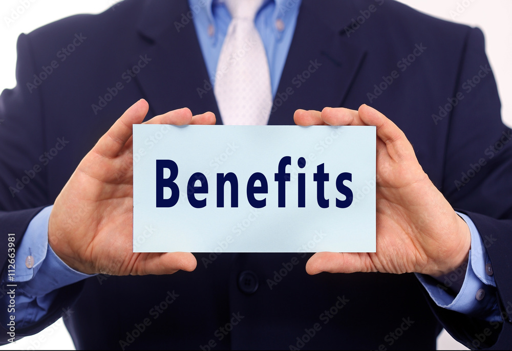 Business man hold paper benefits text on it Business man hold paper benefits text on it