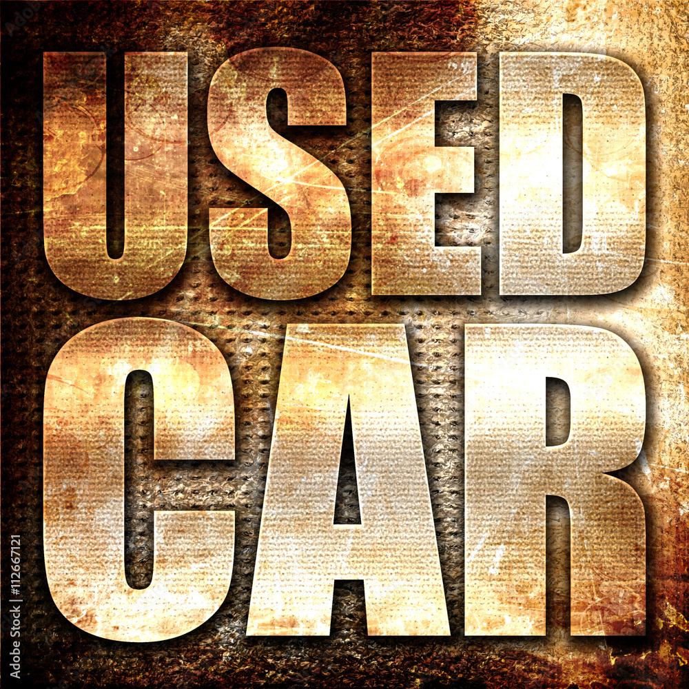 used car, 3D rendering, metal text on rust background used car, 3D rendering, metal text on rust background