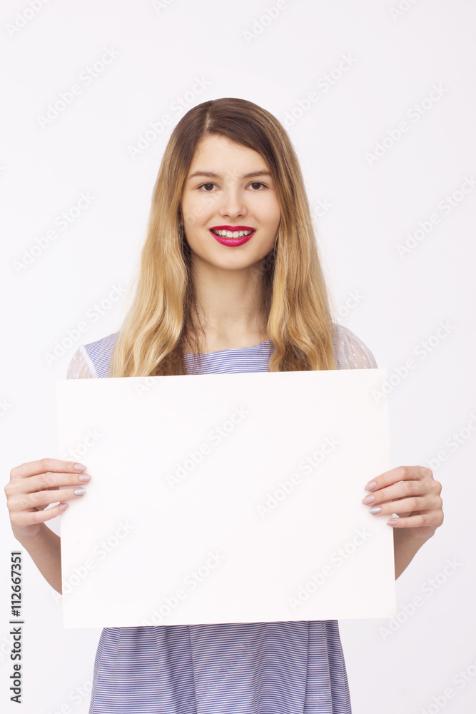 happy woman holding white blank paper happy woman holding white blank paper