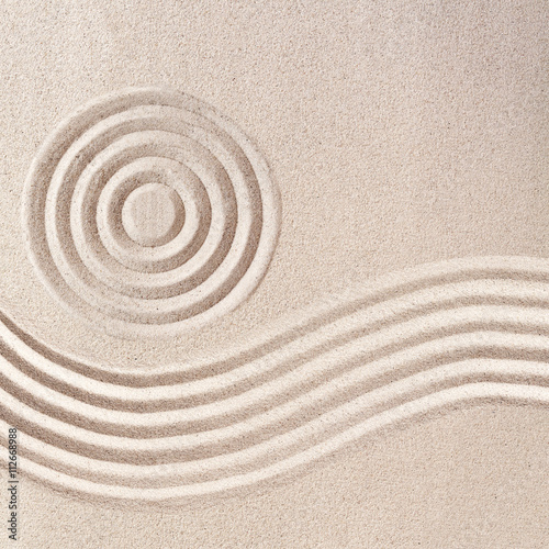 Raked sand patterns in Japanese Zen Garden