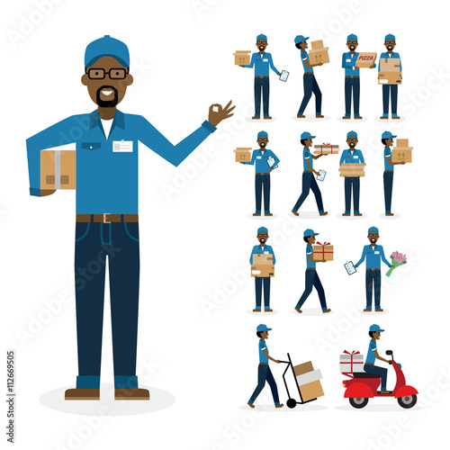 African american postman set. Isolated african american cartoon character. White background. Driver boxes clipboard pizza gift and more