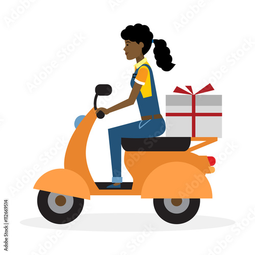 Delivery woman on scooter. Fast transportation. Isolated african american cartoon character on white background. Postwoman, courier with parcel on motorbike.