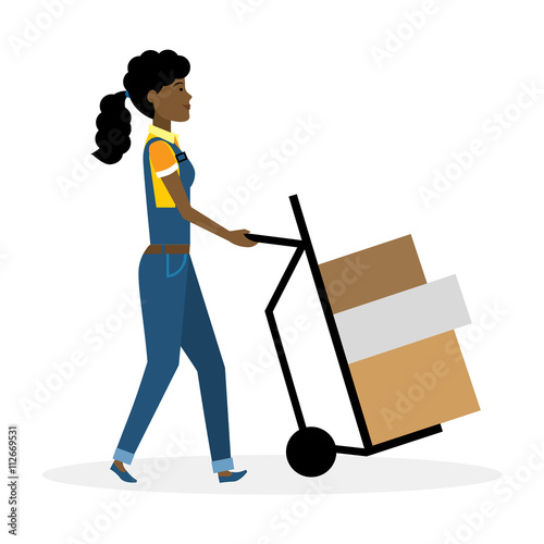 Delivery woman with parcel on truck, trolley. Fast transportation. Isolated african american cartoon character on white background. Postwoman, courier with package on trolley.