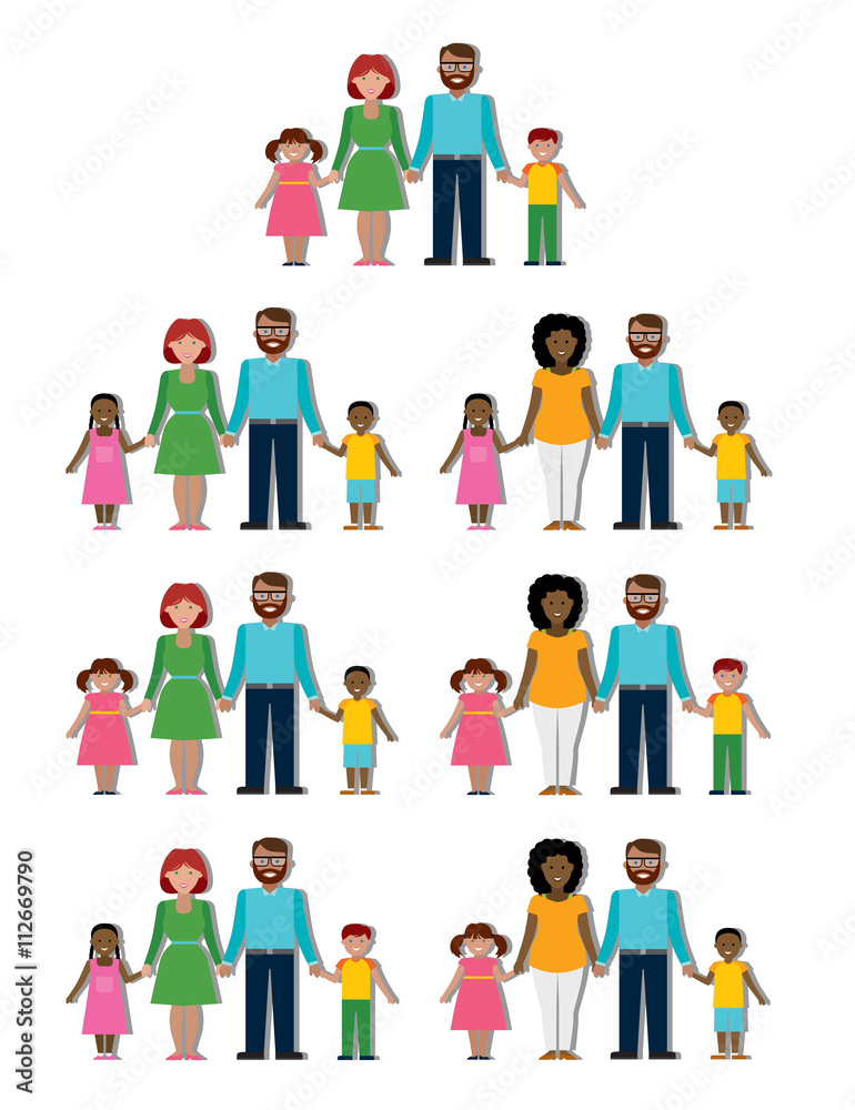 Multicultural traditional family with parents and children. Happy family. Boys and girls. African american and caucasian families. Adopted boy, girl. Smiling family. New parents. Family set.