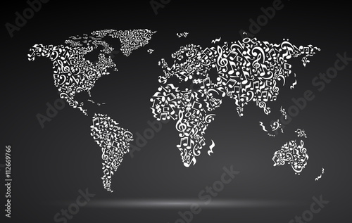 World map from notes on black background. White notes pattern. Black and white design. Map shape. Poster idea.