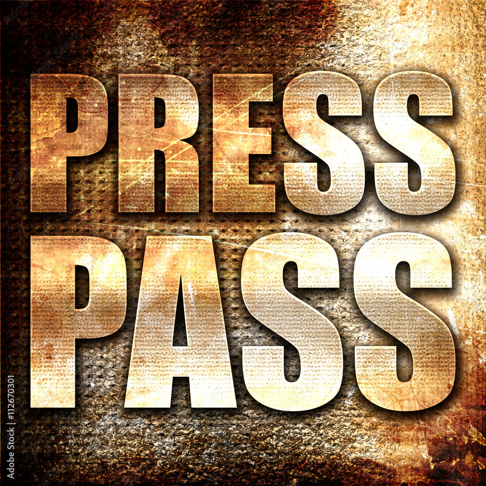 press pass, 3D rendering, metal text on rust background press pass, 3D rendering, metal text on rust background