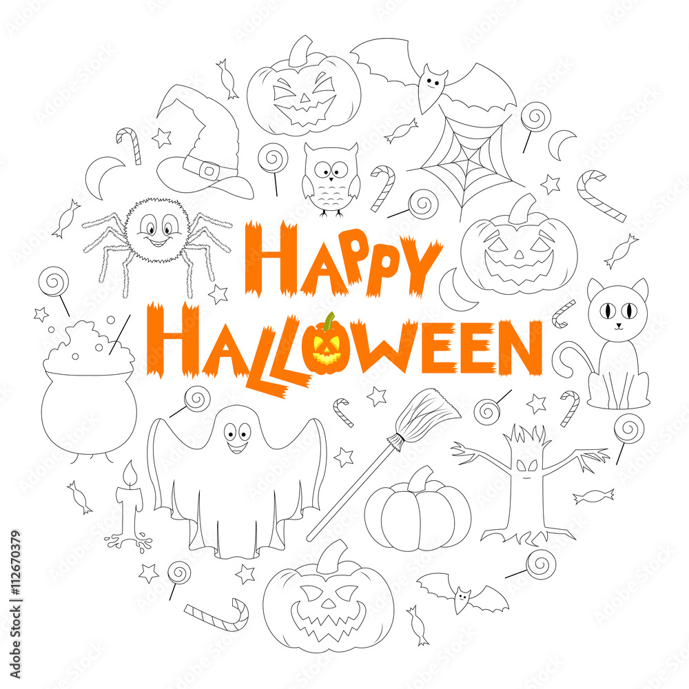 Set of Flat Halloween Icons in the Form of Circle with Congratulations. Vector Illustration.