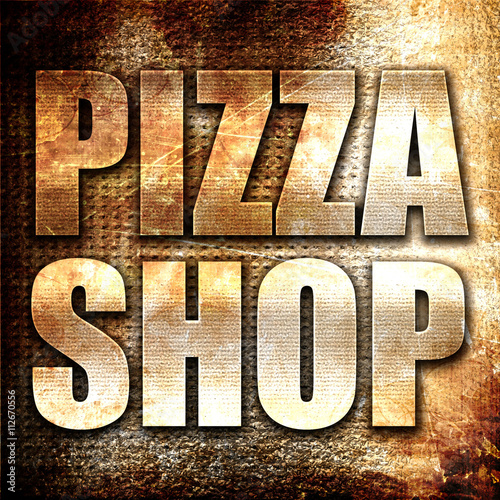 pizza shop, 3D rendering, metal text on rust background