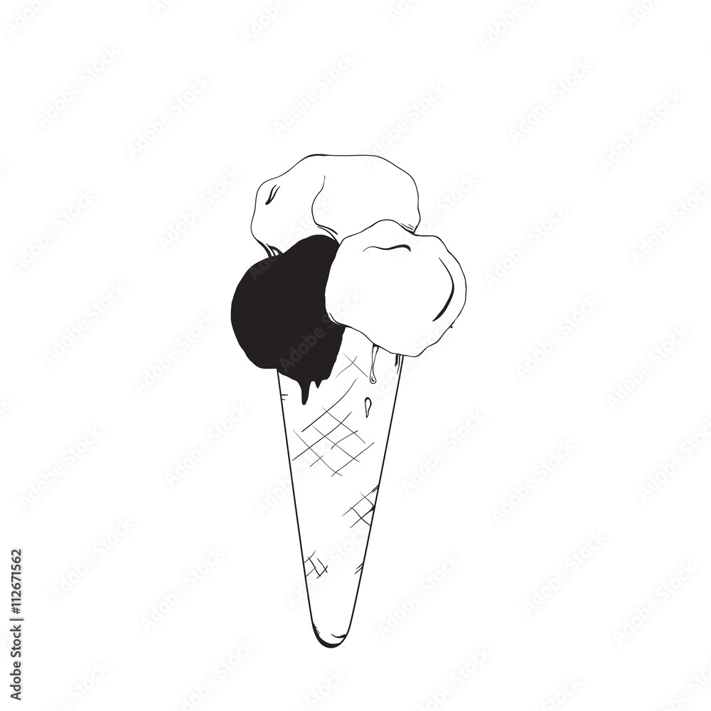 Ice cream cone melting, sketch illustration, hand drawn vector Stock