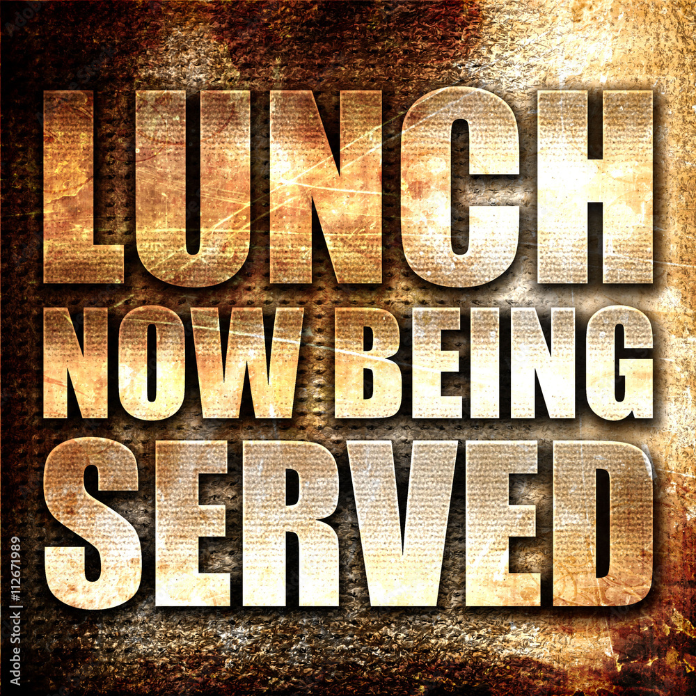 lunch served, 3D rendering, metal text on rust background lunch served, 3D rendering, metal text on rust background