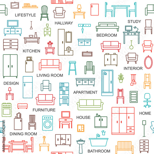 Vector seamless pattern background with home furniture outline icons 4.