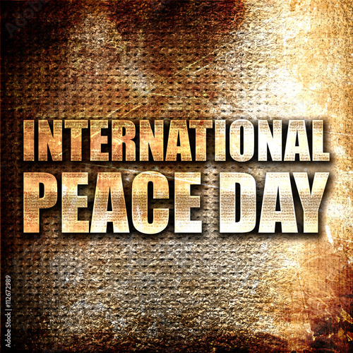 international peace day, 3D rendering, metal text on rust backgr