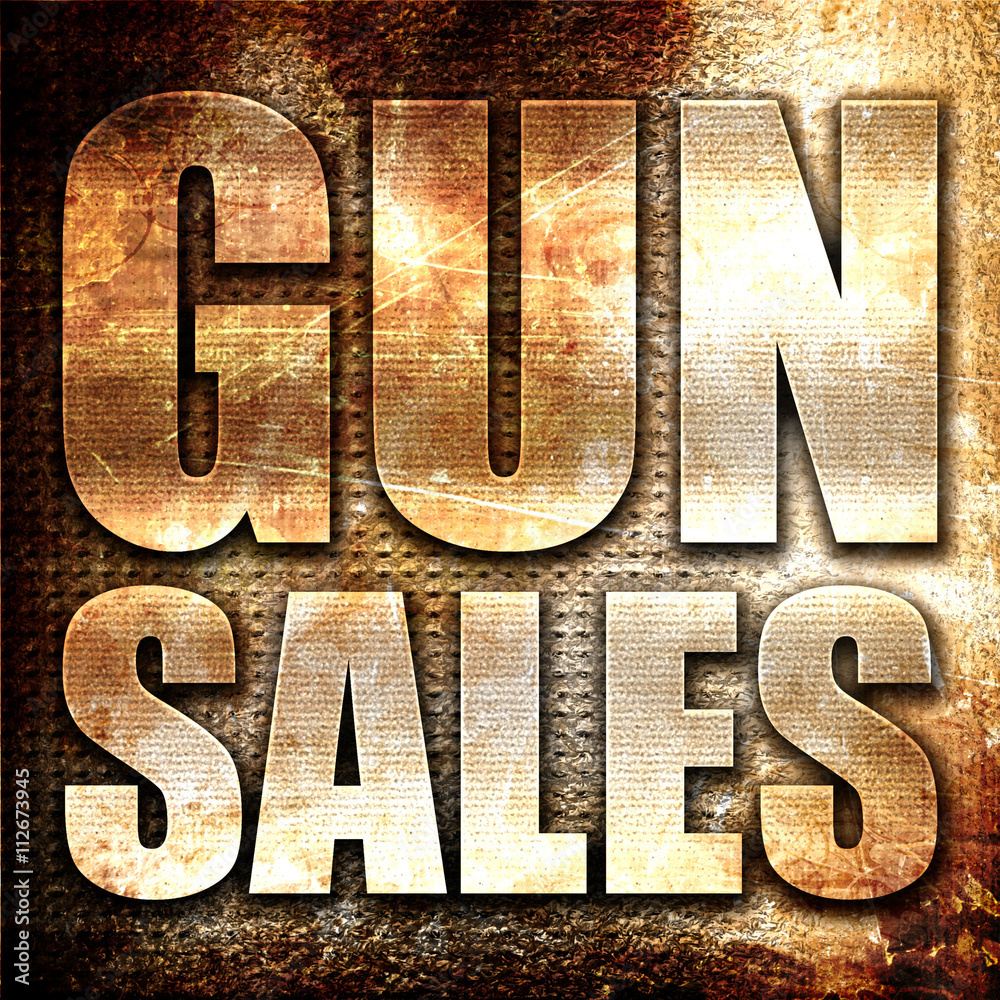 gun sales, 3D rendering, metal text on rust background gun sales, 3D rendering, metal text on rust background