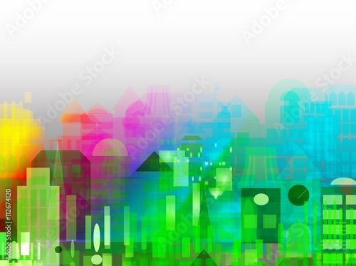 Modern city life, abstract urban art colorful cityscape illustration.