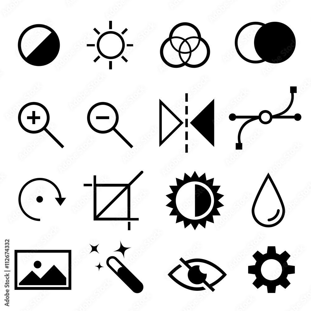 Set of flat black and white editing icons. Contrast, brightness, hue,  color, filter, curve, levels symbols. Stock Vector | Adobe Stock