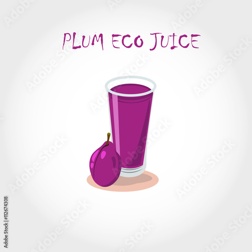 glass of bio fresh plum juice. Vector illustration.Text title.