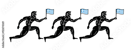 Ancient greek athletic runners with national flag of Greece
