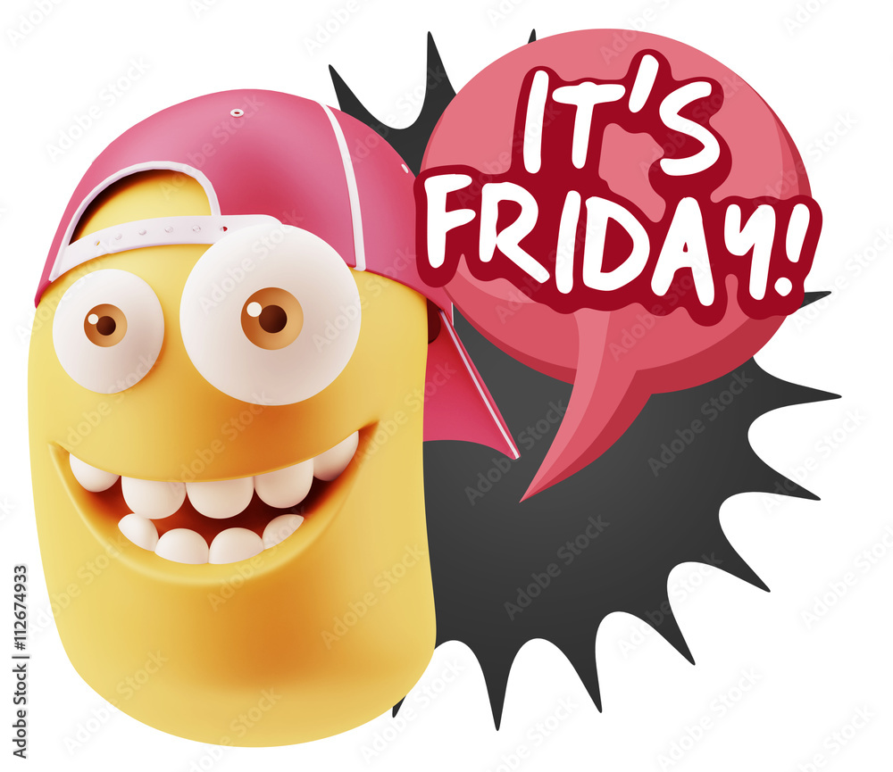 3d Rendering Smile Character Emoticon Expression saying It's Fri