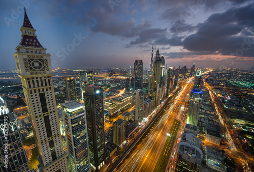 Dubai by night. Sheikh Zayed Road skyscrapers. 