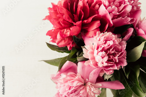 Summer floral background with pink and red peonies