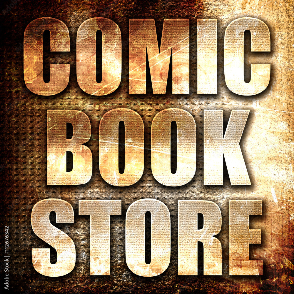 comic book store, 3D rendering, metal text on rust background